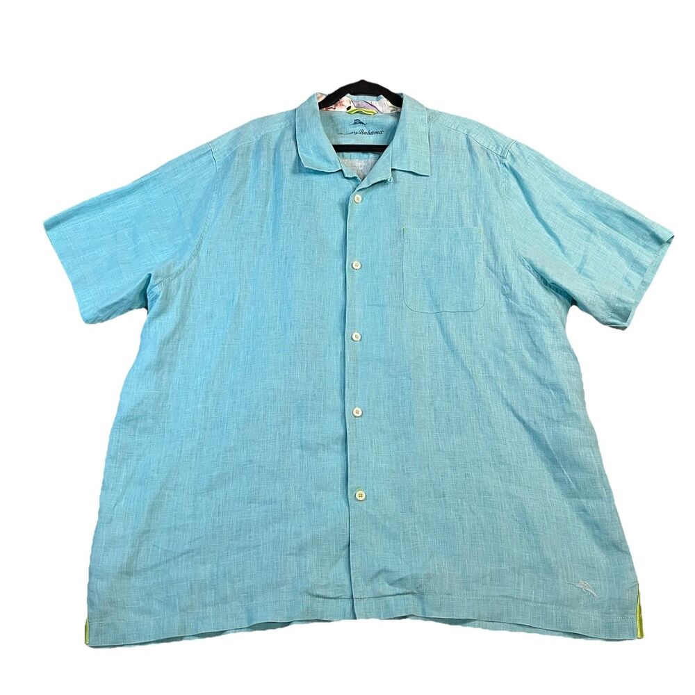 Tommy Bahama Aqua Teal Blue Button Up 100% Linen Shirt Mens Size XXL 2XL Beachy